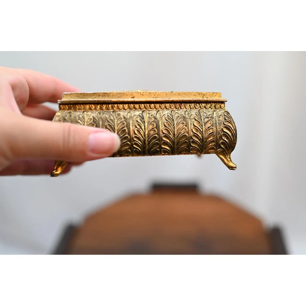 Vintage Brass Jewelry Box Filigree Footed Gold Red Velvet Lined Made in Japan